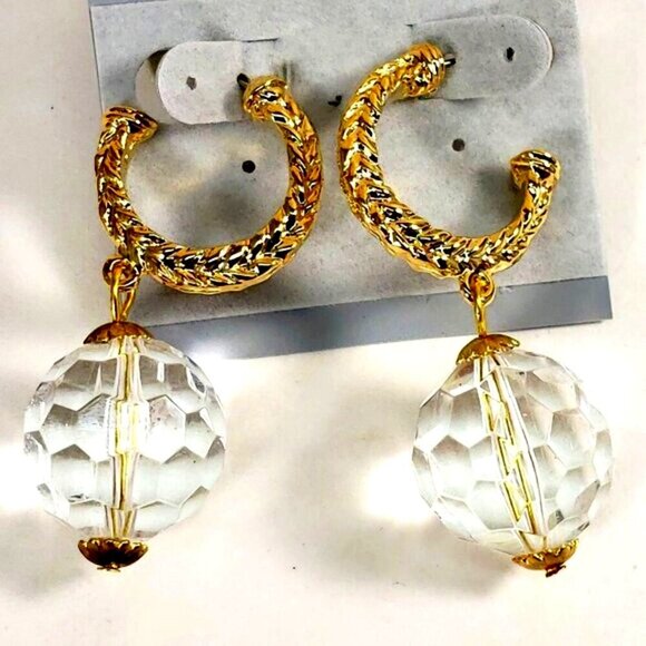 Gold-Tone Textured Hoop Earrings w/ Clear Crystal Drop – Bold Statement Jewelry - Picture 1 of 8